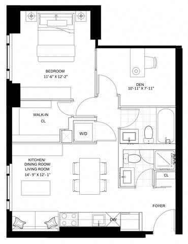 Floor plan for 1 bed, 2 baths, 703 sqft